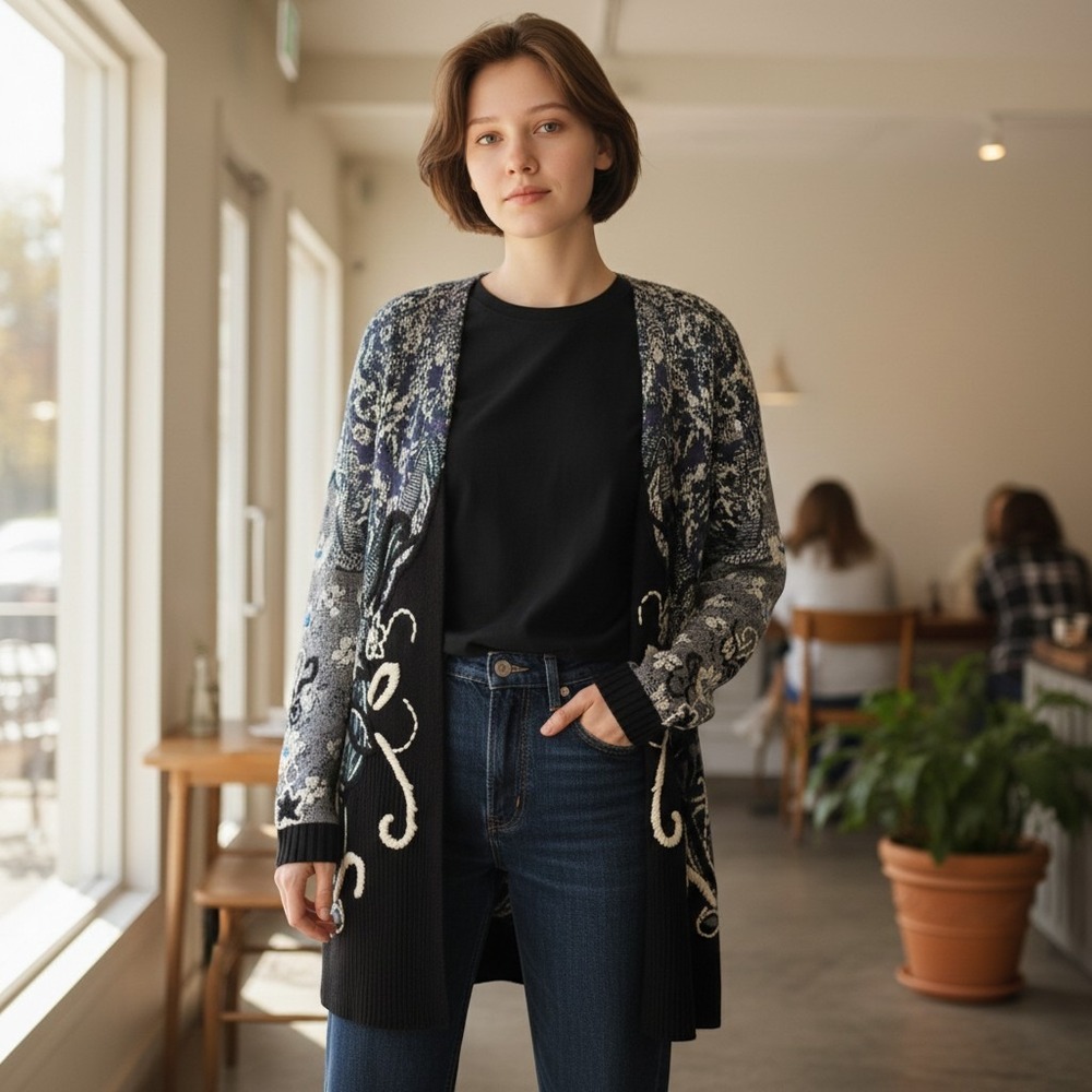 Moth Anthropologie NWOT Cardigan Small Blue Black Tapestry Embroidered Boho